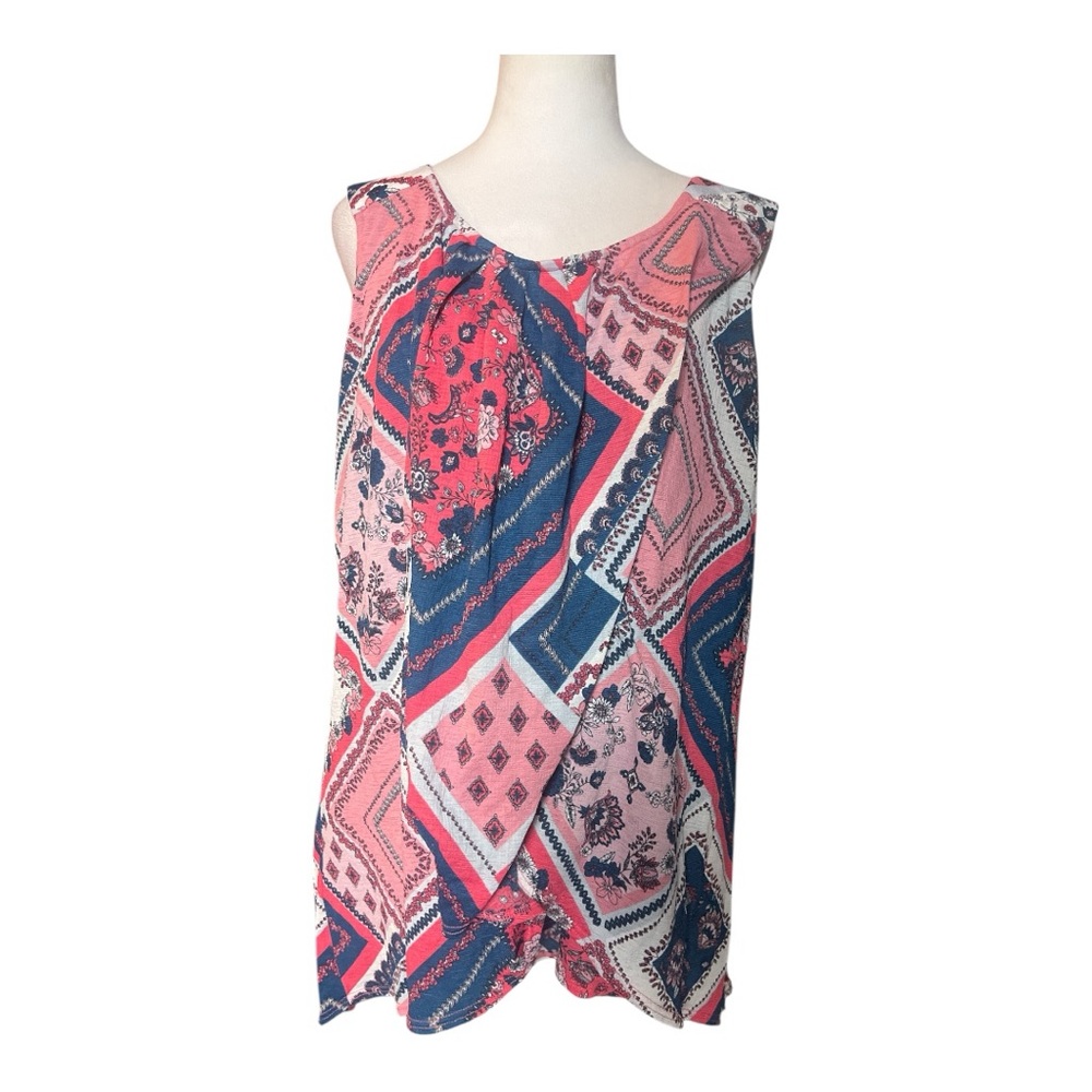 Roz & Ali Plus Size 1X Geometric Pink and Blue Sleeveless Blouse